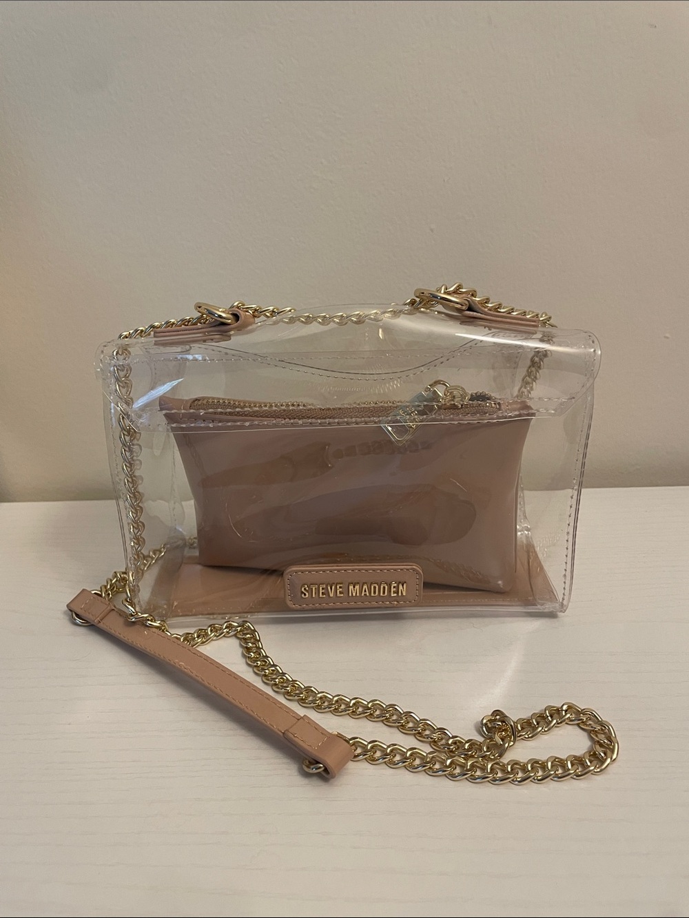 Steve Madden Clear Crossbody with Nude Insert and Gold Chain Strap - Picture 2 of 2